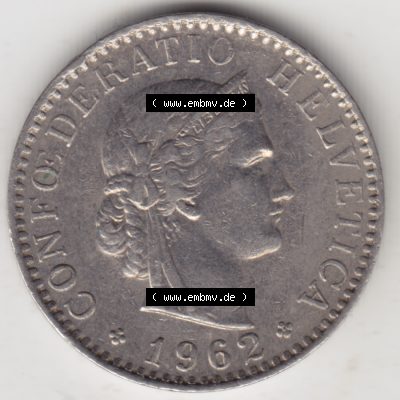 Münzen Schweiz 1939-2018, 20 Rappen Münzzeichen / Mzz. B 1962 II., Münzen Vorderseite als Bildmaterial im online Katalog und online Datenbank für Sammler... Sammlung