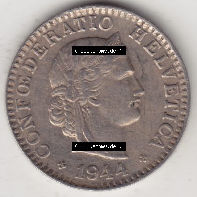 Münzen Schweiz 1939-Heute, 20 Rappen Münzzeichen / Mzz. B 1944 i, Münzen Vorderseite als Bildmaterial im online Katalog und online Datenbank für Sammler von Schweizer... Sammlung
