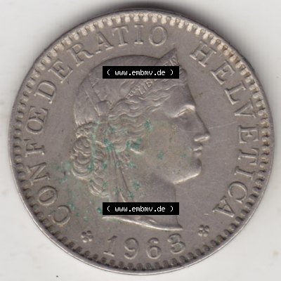 Münzen Schweiz 1939-2018, 20 Rappen Münzzeichen / Mzz. B 1963, Münzen Vorderseite als Bildmaterial im online Katalog und online Datenbank für Sammler von Schweizer... Sammlung