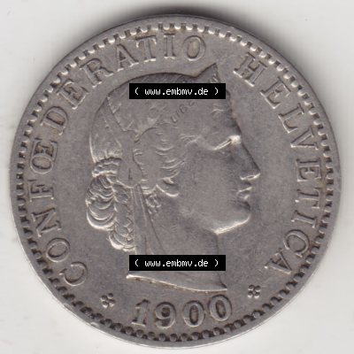 Münzen Schweiz 1881-1938, 20 Rappen Münzzeichen / Mzz. B 1900, Münzen Vorderseite als Bildmaterial im online Katalog und online Datenbank für Sammler von Schweizer... Sammlung