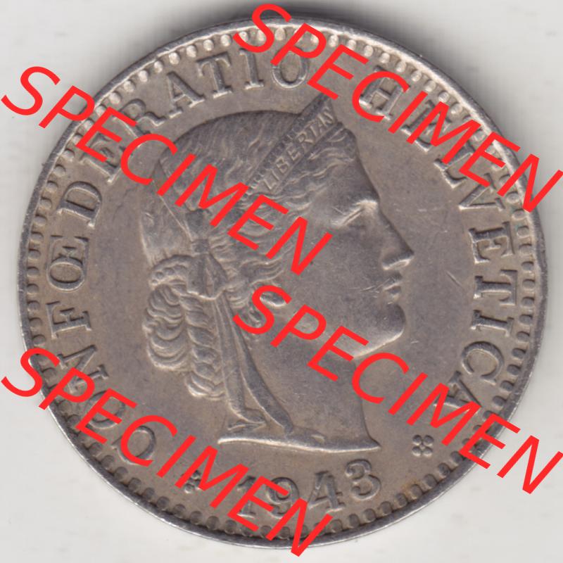 Münzen Schweiz 1939-Heute, 20 Rappen Münzzeichen / Mzz. B 1943-I, Münzen Vorderseite als Bildmaterial im online Katalog und online Datenbank für Sammler von Schweizer... Sammlung
