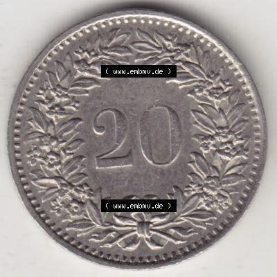 Münzen Schweiz 1939-2018, 20 Rappen Münzzeichen / Mzz. B 1979, Münzen Rückseite als Bildmaterial im online Katalog und online Datenbank für Sammler von Schweizer... Sammlung