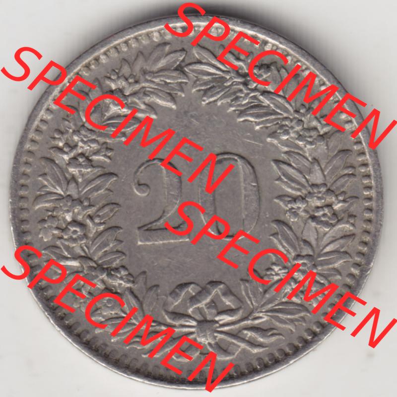 Münzen Schweiz 1939-2018, 20 Rappen Münzzeichen / Mzz. B 1963 II., Münzen Rückseite als Bildmaterial im online Katalog und online Datenbank für Sammler... Sammlung