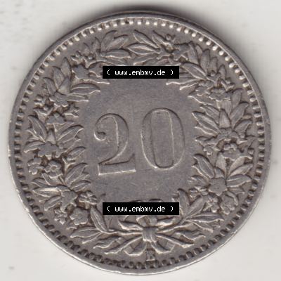 Münzen Schweiz 1881-1938, 20 Rappen Münzzeichen / Mzz. B 1909, Münzen Rückseite als Bildmaterial im online Katalog und online Datenbank für Sammler von Schweizer... Sammlung