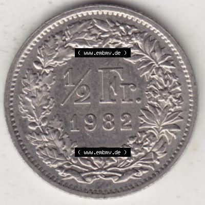 Münzen Schweiz 1968-1982, 1/2 Franken mit Münzzeichen / Mzz. B 1982, Münzen Rückseite als Bildmaterial Sammlung
