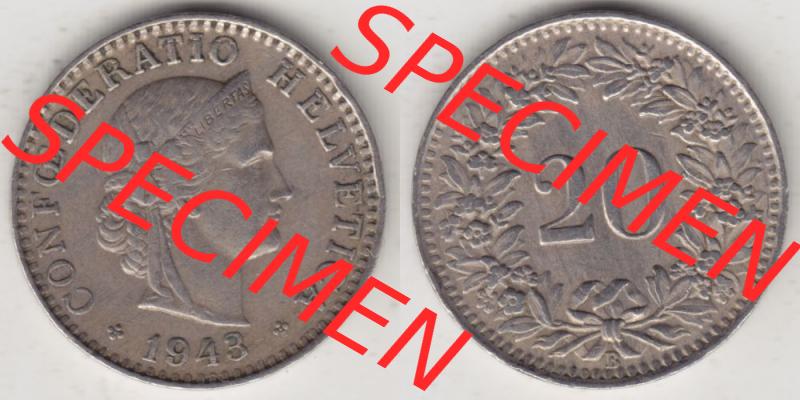 Münzen Schweiz 1939-Heute, 20 Rappen Münzzeichen / Mzz. B 1943 I., Münzen Vollansicht Horizontal als Bildmaterial im online Katalog und online Datenbank für... Sammlung