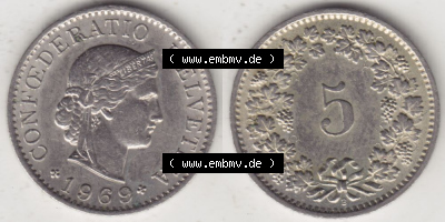 Münzen Schweiz 1940-1980, 5 Rappen Mzz. B 1969, Münzen Vollansicht Horizontal als Bildmaterial im online Katalog und online... Sammlung