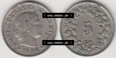 Münzen Schweiz 1940-1980, 5 Rappen Mzz. B 1944, Münzen Vollansicht Horizontal als Bildmaterial im online Katalog und online... Sammlung