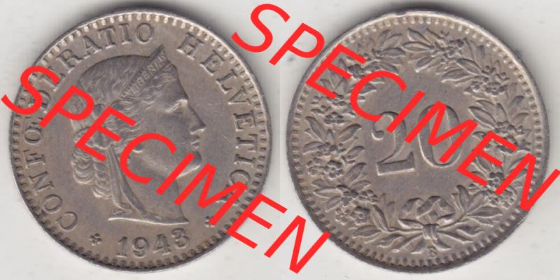 Münzen Schweiz 1939-Heute, 20 Rappen Münzzeichen / Mzz. B 1943 I., Münzen Vollansicht Horizontal als Bildmaterial im online Katalog und online Datenbank für... Sammlung