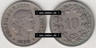 Münzen Schweiz 1919-1931, 10 Rappen B 1930 I., Münzen Vollansicht Horizontal als Bildmaterial im online Katalog und online Datenbank... Sammlung