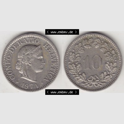 Münzen Schweiz 1940-Heute, 10 Rappen B 1974 I., Münzen Vollansicht Horizontal als Bildmaterial im online Katalog und online Datenbank für Sammler von Schweizer Münzen. Sammlung