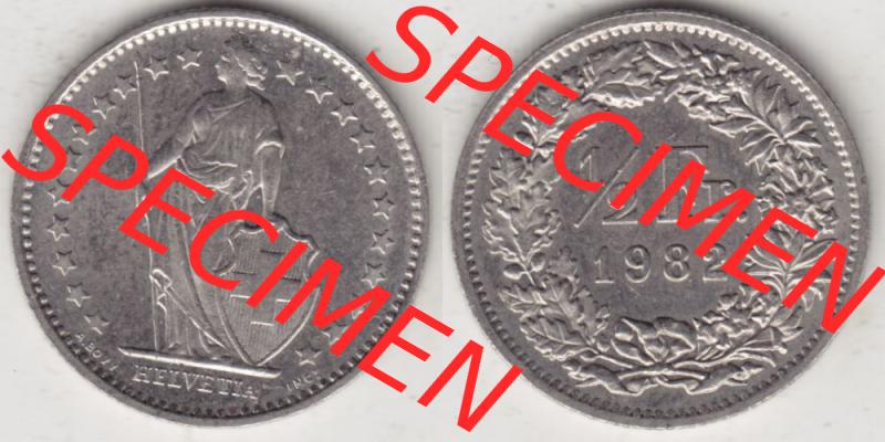 Münzen Schweiz 1968-1982, 1/2 Franken mit Münzzeichen / Mzz. B 1982, Münzen Vollansicht Horizontal als Bildmaterial Sammlung