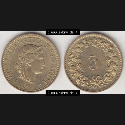 Münzen Schweiz 1979-Heute, 5 Rappen Mzz. B 1984, Münzen Vollansicht Horizontal als Bildmaterial im online Katalog und online Datenbank für Sammler von Schweizer Münzen. Sammlung