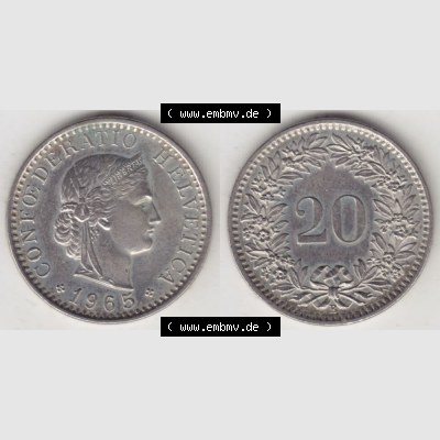 Münzen Schweiz 1939-2018, 20 Rappen Münzzeichen / Mzz. B 1965, Münzen Vollansicht Horizontal als Bildmaterial im online Katalog und online Datenbank für Sammler... Sammlung
