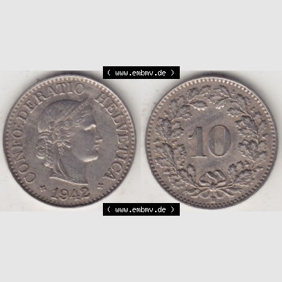 Münzen Schweiz 1940-Heute, 10 Rappen B 1942, Münzen Vollansicht Horizontal als Bildmaterial im online Katalog und online Datenbank für Sammler von Schweizer Münzen. Sammlung
