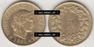 Münzen Schweiz 1979-Heute, 5 Rappen Mzz. B 1981 II., Münzen Vollansicht Horizontal als Bildmaterial im online Katalog und online... Sammlung