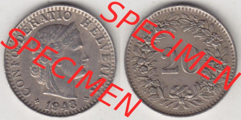 Münzen Schweiz 1939-Heute, 20 Rappen Münzzeichen / Mzz. B 1943 II., Münzen Vollansicht Horizontal als Bildmaterial im online Katalog und online Datenbank für... Sammlung