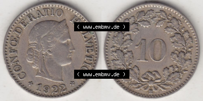Münzen Schweiz 1919-1931, 10 Rappen B 1922, Münzen Vollansicht Horizontal als Bildmaterial im online Katalog und online Datenbank... Sammlung
