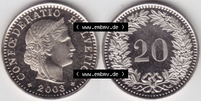 Münzen Schweiz 1939-2018, 20 Rappen B 2003, Münzen Vollansicht Horizontal als Bildmaterial im online Katalog und online Datenbank... Sammlung