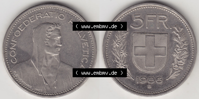 Münzen Schweiz 1968-2018, 5 Franken Mzz. B 1986, Münzen Vollansicht Horizontal als Bildmaterial im online Katalog und online... Sammlung