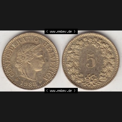Münzen Schweiz 1979-Heute, 5 Rappen Mzz. B 1988, Münzen Vollansicht Horizontal als Bildmaterial im online Katalog und online Datenbank für Sammler von Schweizer Münzen. Sammlung