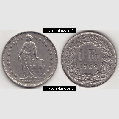 Münzen Schweiz 1968-1982, 1 Franken mit Münzzeichen / Mzz. B 1969, Münzen Vollansicht Horizontal als Bildmaterial im online Katalog und online Datenbank für Sammler... Sammlung