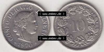 Münzen Schweiz 1940-Heute, 10 Rappen B 1970 I., Münzen Vollansicht Horizontal als Bildmaterial im online Katalog und online... Sammlung