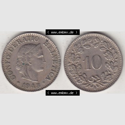Münzen Schweiz 1940-Heute, 10 Rappen B 1943, Münzen Vollansicht Horizontal als Bildmaterial im online Katalog und online Datenbank für Sammler von Schweizer Münzen. Sammlung