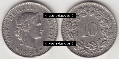 Münzen Schweiz 1940-Heute, 10 Rappen B 1958, Münzen Vollansicht Horizontal als Bildmaterial im online Katalog und online Datenbank... Sammlung