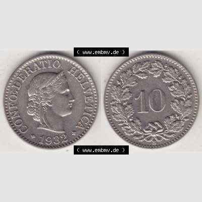 Münzen Schweiz 1932-1939, 10 Rappen B 1932 I., Münzen Vollansicht Horizontal als Bildmaterial im online Katalog und online Datenbank für Sammler von Schweizer Münzen. Sammlung