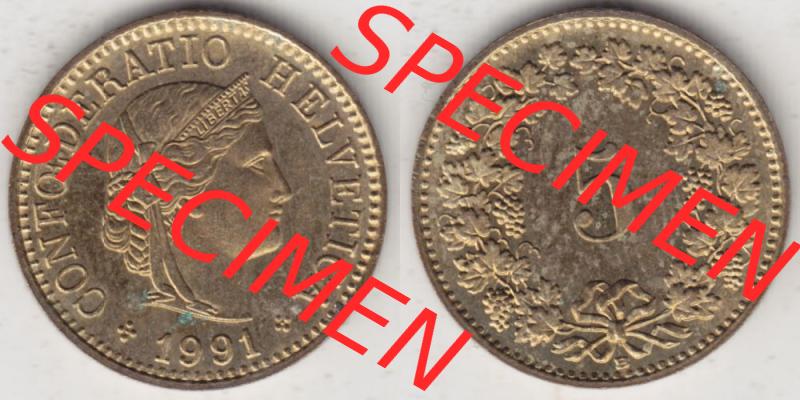 Münzen Schweiz 1979-Heute, 5 Rappen Mzz. B 1991, Münzen Vollansicht Horizontal als Bildmaterial im online Katalog und online Datenbank für Sammler von Schweizer Münzen. Sammlung