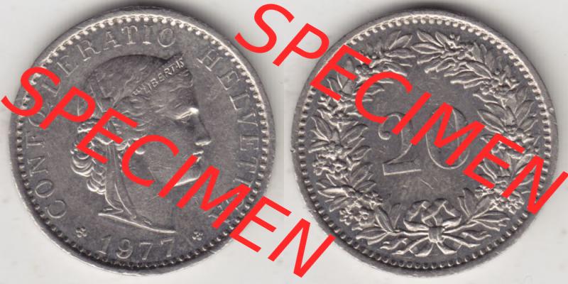 Münzen Schweiz 1939-2018, 20 Rappen Münzzeichen / Mzz. B 1977, Münzen Vollansicht Horizontal als Bildmaterial im online Katalog und online Datenbank für Sammler... Sammlung