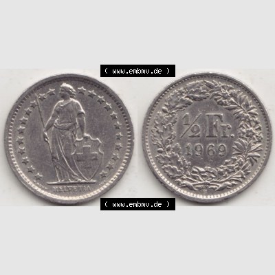 Münzen Schweiz 1968-1982, 1/2 Franken mit Münzzeichen / Mzz. B 1969 I, Münzen Vollansicht Horizontal als Bildmaterial Sammlung