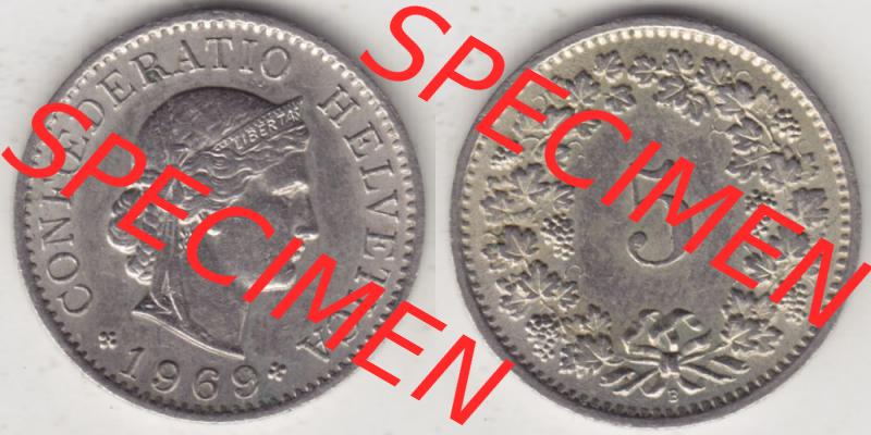 Münzen Schweiz 1940-1980, 5 Rappen Mzz. B 1969, Münzen Vollansicht Horizontal als Bildmaterial im online Katalog und online Datenbank für Sammler von Schweizer Münzen. Sammlung