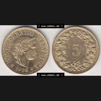 Münzen Schweiz 1979-Heute, 5 Rappen Mzz. B 1985, Münzen Vollansicht Horizontal als Bildmaterial im online Katalog und online Datenbank für Sammler von Schweizer Münzen. Sammlung