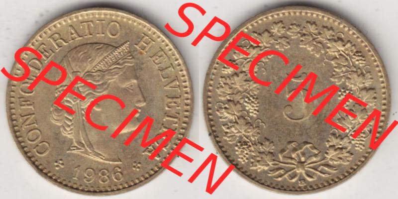 Münzen Schweiz 1979-Heute, 5 Rappen Mzz. B 1986 II., Münzen Vollansicht Horizontal als Bildmaterial im online Katalog und online Datenbank für Sammler von Schweizer... Sammlung