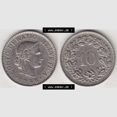 Münzen Schweiz 1940-Heute, 10 Rappen B 1958, Münzen Vollansicht Horizontal als Bildmaterial im online Katalog und online Datenbank für Sammler von Schweizer Münzen. Sammlung