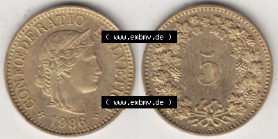 Münzen Schweiz 1979-Heute, 5 Rappen Mzz. B 1986 II., Münzen Vollansicht Horizontal als Bildmaterial im online Katalog und online... Sammlung