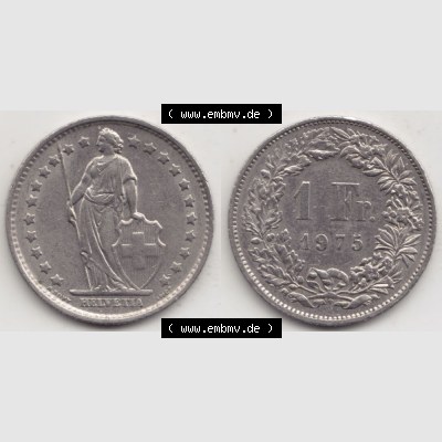 Münzen Schweiz 1968-1982, 1 Franken mit Münzzeichen / Mzz. B 1975, Münzen Vollansicht Horizontal als Bildmaterial im online Katalog und online Datenbank für Sammler... Sammlung