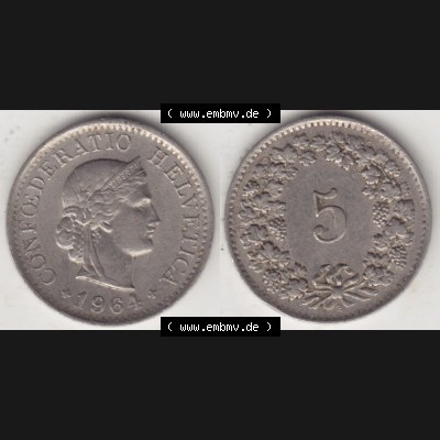 Münzen Schweiz 1940-1980, 5 Rappen Mzz. B 1964 II., Münzen Vollansicht Horizontal als Bildmaterial im online Katalog und online Datenbank für Sammler von Schweizer... Sammlung