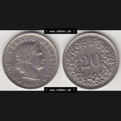 Münzen Schweiz 1939-Heute, 20 Rappen Münzzeichen / Mzz. B 1945, Münzen Vollansicht Horizontal als Bildmaterial im online Katalog und online Datenbank für Sammler... Sammlung