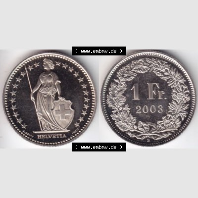 Münzen Schweiz 1983-2018, 1 Franken B 2003, Münzen Vollansicht Horizontal als Bildmaterial im online Katalog und online Datenbank für Sammler von Schweizer Münzen. Sammlung