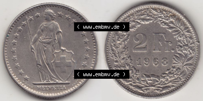 Münzen Schweiz 1968-1982, 2 Franken mit Münzzeichen / Mzz. B 1968, Münzen Vollansicht Horizontal als Bildmaterial im online... Sammlung