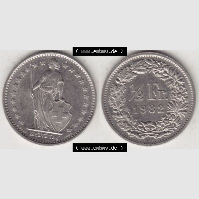 Münzen Schweiz 1968-1982, 1/2 Franken mit Münzzeichen / Mzz. B 1982, Münzen Vollansicht Horizontal als Bildmaterial Sammlung