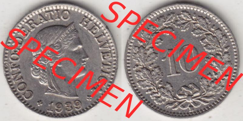 Münzen Schweiz 1932-1939, 10 Rappen B 1939, Münzen Vollansicht Horizontal als Bildmaterial im online Katalog und online Datenbank für Sammler von Schweizer Münzen. Sammlung