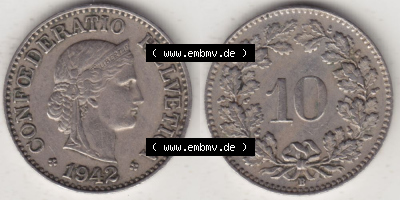 Münzen Schweiz 1940-Heute, 10 Rappen B 1942, Münzen Vollansicht Horizontal als Bildmaterial im online Katalog und online Datenbank... Sammlung