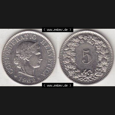 Münzen Schweiz 1940-1980, 5 Rappen Mzz. B 1962, Münzen Vollansicht Horizontal als Bildmaterial im online Katalog und online Datenbank für Sammler von Schweizer Münzen. Sammlung