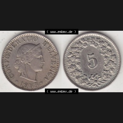 Münzen Schweiz 1940-1980, 5 Rappen Mzz. B 1955 I., Münzen Vollansicht Horizontal als Bildmaterial im online Katalog und online Datenbank für Sammler von Schweizer... Sammlung