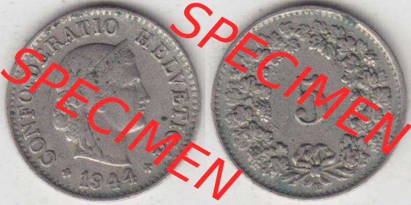 Münzen Schweiz 1940-1980, 5 Rappen Mzz. B 1944, Münzen Vollansicht Horizontal als Bildmaterial im online Katalog und online Datenbank für Sammler von Schweizer Münzen. Sammlung