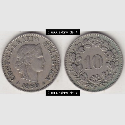 Münzen Schweiz 1919-1931, 10 Rappen B 1930 I., Münzen Vollansicht Horizontal als Bildmaterial im online Katalog und online Datenbank für Sammler von Schweizer Münzen. Sammlung